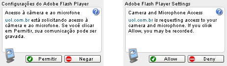 Para usar a webcam e o microfone, voc deve clicar em 'Permitir' (ou 'Allow', no caso da mensagem em ingls)