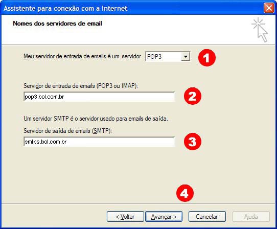 Preencha os campos na tela de defini��o de servidores de e-mail
