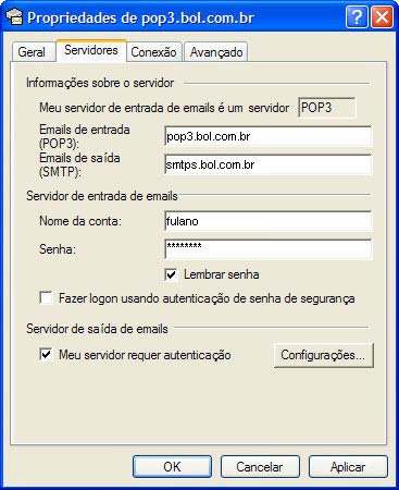 Na nova janela, clique na aba 'Servidores' (Servers) e selecione a op��o 'Meu servidor requer autentica��o'