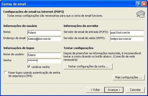 Preencha as informações do servidor de entrada e de saída