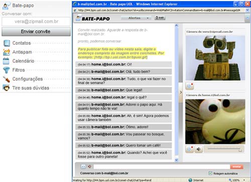 Digite o e-mail do destinatário pelo menu lateral do webmail, clique em 'Enviar convite', e uma sala de bate-papo instantâneo será aberta, com transmissão de imagens
